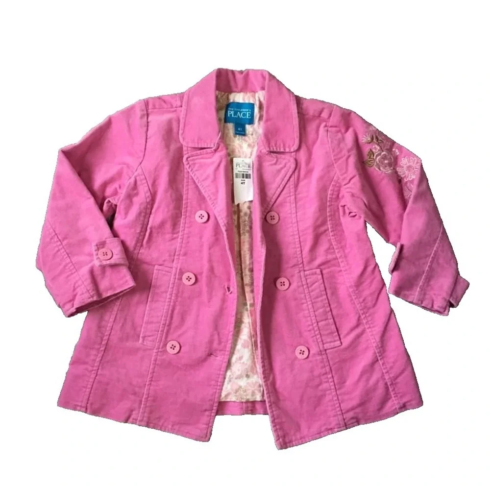 New Y2K Embroidered Velvet Jacket Girl 4 T Pink Pea Coat Kid Core Glam Boho